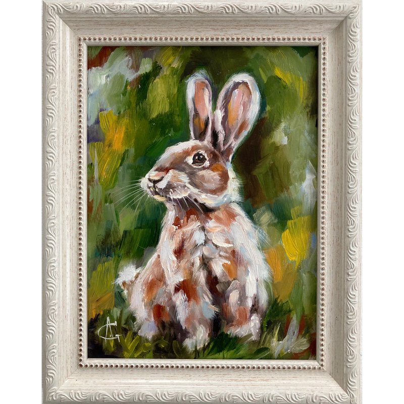 Rabbit oil painting Rabbit Art Framed painting Tiny painting Bunny artwork - 墙贴/壁贴 - 其他材质 多色