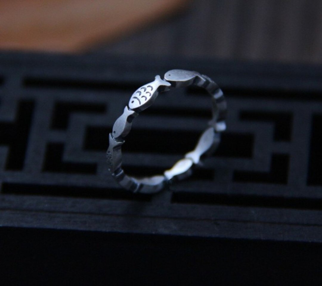 Real S 999 Silver Fine Jewelry for Women Handmade Engraved Fishes Finger Rings - 戒指 - 纯银 银色