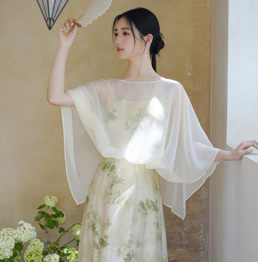 【青竹绿】新中式复古中国风 清冷感印花罩衫+吊帶長裙 - 裙子 - 其他材质 绿色