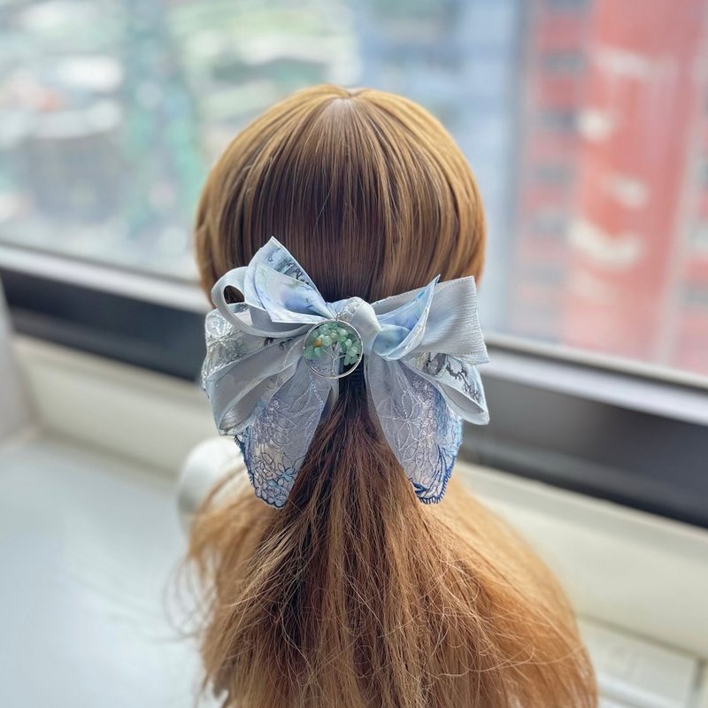 印花纱蕾丝蝴蝶结相交夹香蕉夹仙女夹发夹-素雅蓝灰色 - 发饰 - 其他材质 灰色