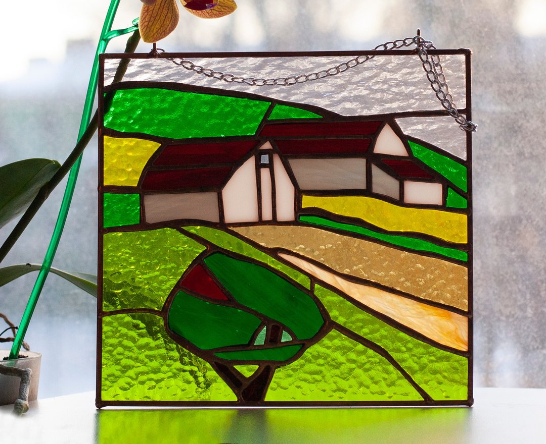 Stained glass window - Small village. Glass Suncatcher - 墙贴/壁贴 - 玻璃 黄色