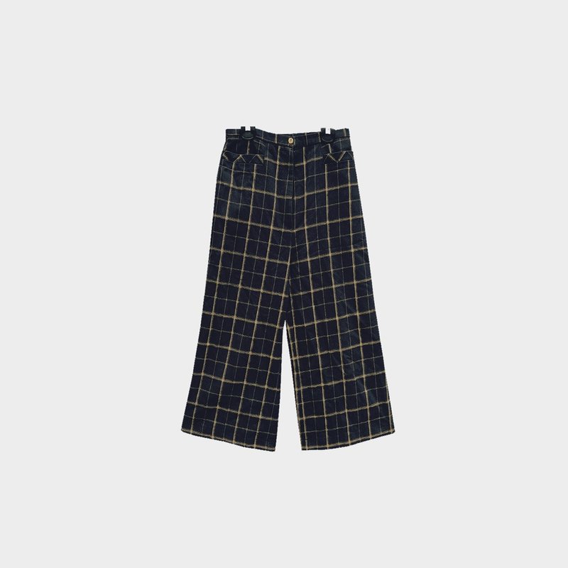 古着深蓝黑格子宽裤 - 女装长裤 - 聚酯纤维 黑色