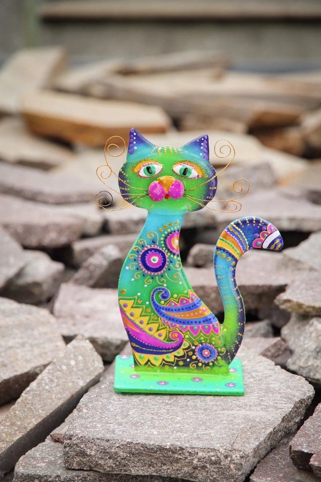 猫咪彩色雕像展示玻璃彩绘艺术家居装饰独特小雕像 - 墙贴/壁贴 - 玻璃 绿色