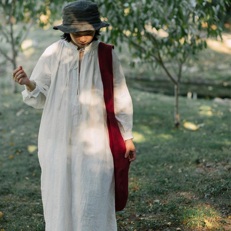 復古文藝亞麻袍子 / 打攪長款遮肉顯瘦 / 日系寬鬆連衣裙 - 洋装/连衣裙 - 棉．麻 白色