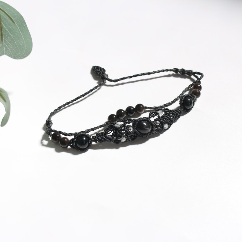 天然石黑晶石双层珠蜡线手链 - 手链/手环 - 水晶 黑色