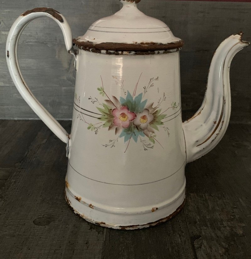 法国复古antique花绘玫瑰花束珐琅茶壼 - 茶具/茶杯 - 珐琅 白色