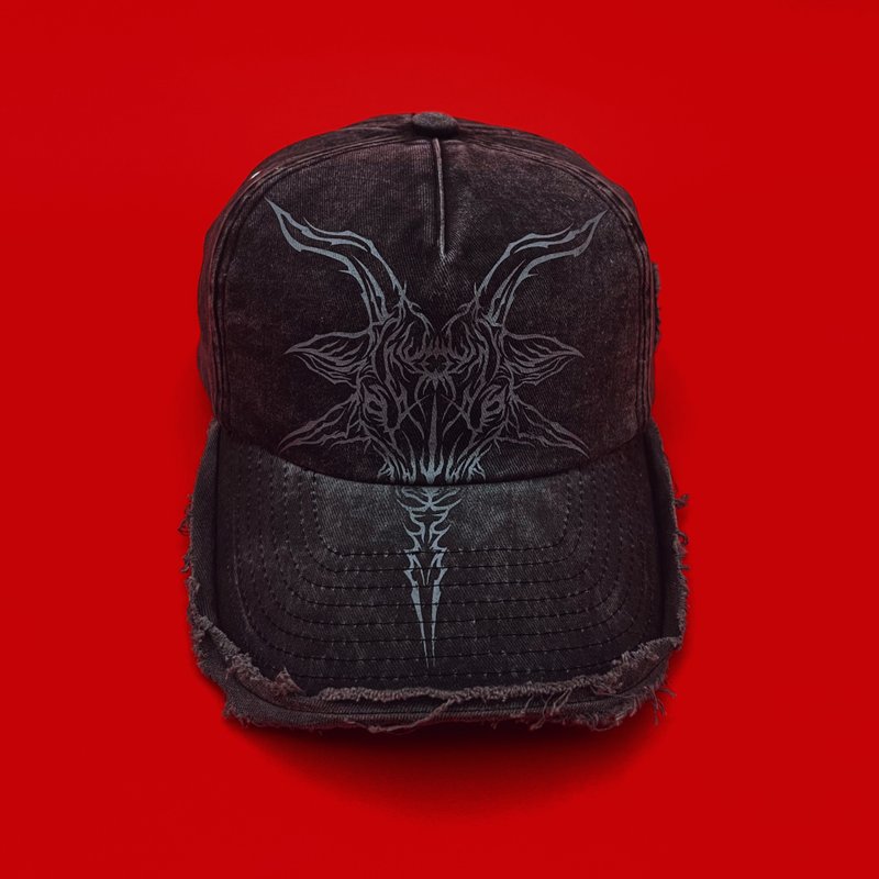 MrR山羊头恶魔巴风特赛博符印主义图腾水洗破坏五片帽老帽棒球帽 - 帽子 - 棉．麻 灰色