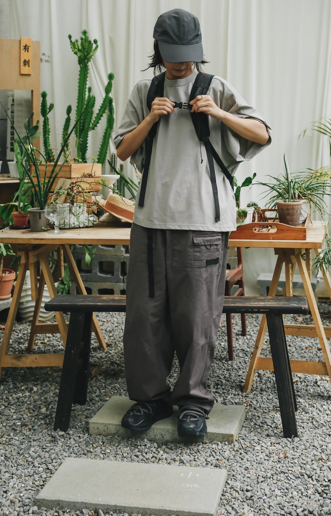 中直抗撕裂格状布腰带工装裤 - 2色 - 直灰 - 女装长裤 - 棉．麻 灰色