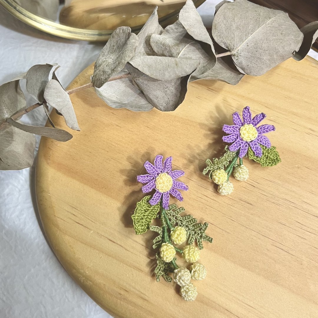 Mimosa Daisy 含羞草 合欢草 雏菊 钩花编织 耳环 耳针 定制 礼物 - 耳环/耳夹 - 棉 多色