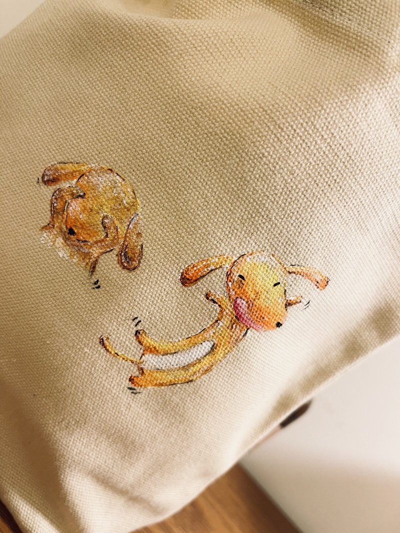 手感。慢起—手绘包x腊肠 帆布包 手提包 小物包 提袋 - 手提包/手提袋 - 棉．麻 白色