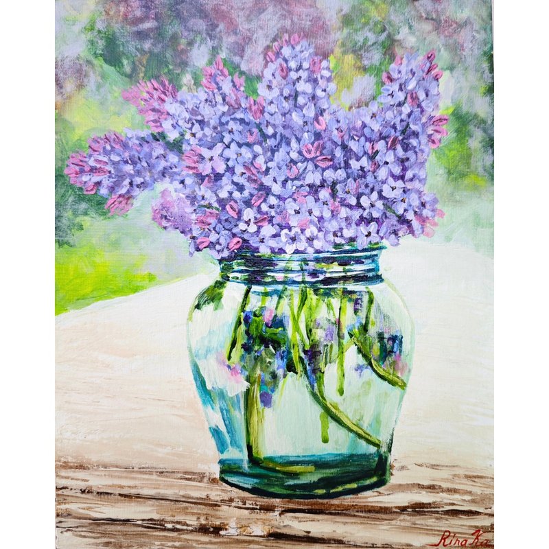 玻璃容器中的紫丁香花束花卉绘画 RinaArtSK 原创艺术作品 - 墙贴/壁贴 - 其他材质 多色