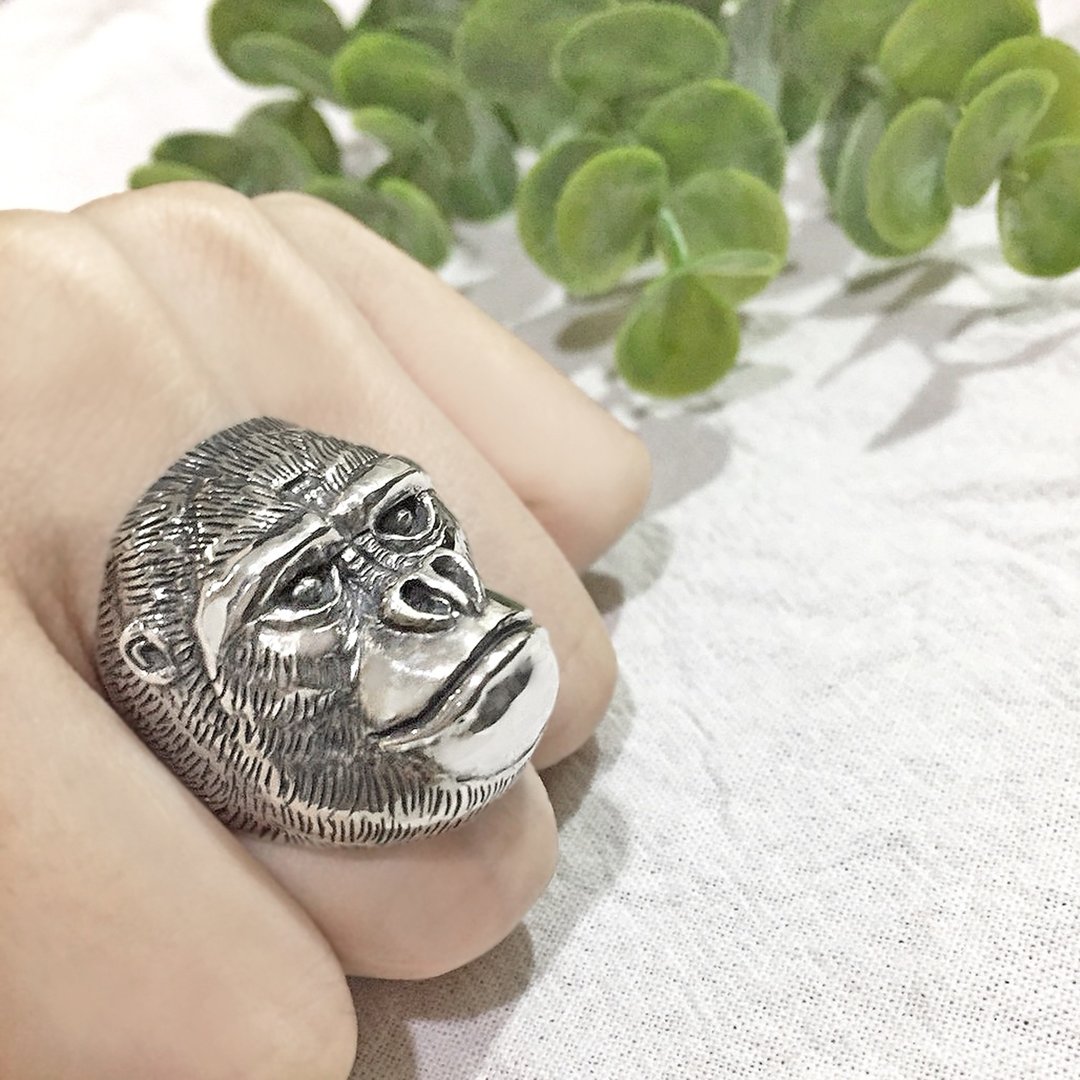 帅气 金刚 猩猩 银戒指 - 戒指 - 纯银 银色