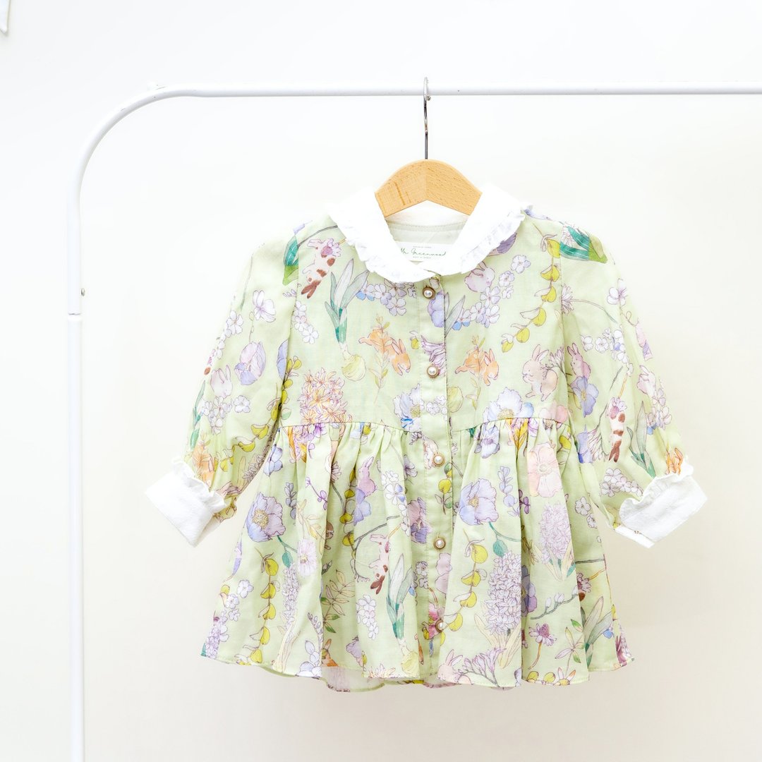 【KID SIZE 80-120】英伦花园小童洋装 夏绿蒂 附绑带 - 童装上衣 - 棉 绿色