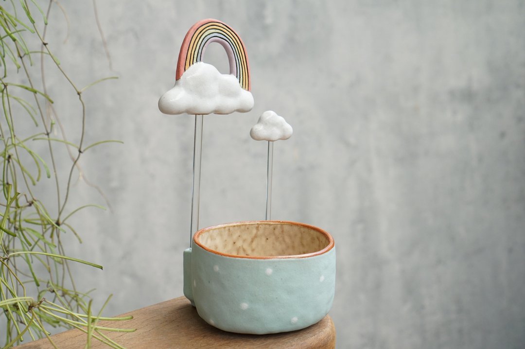 手工陶瓷盆装饰着云彩、雨云 - 花瓶/陶器 - 陶 蓝色