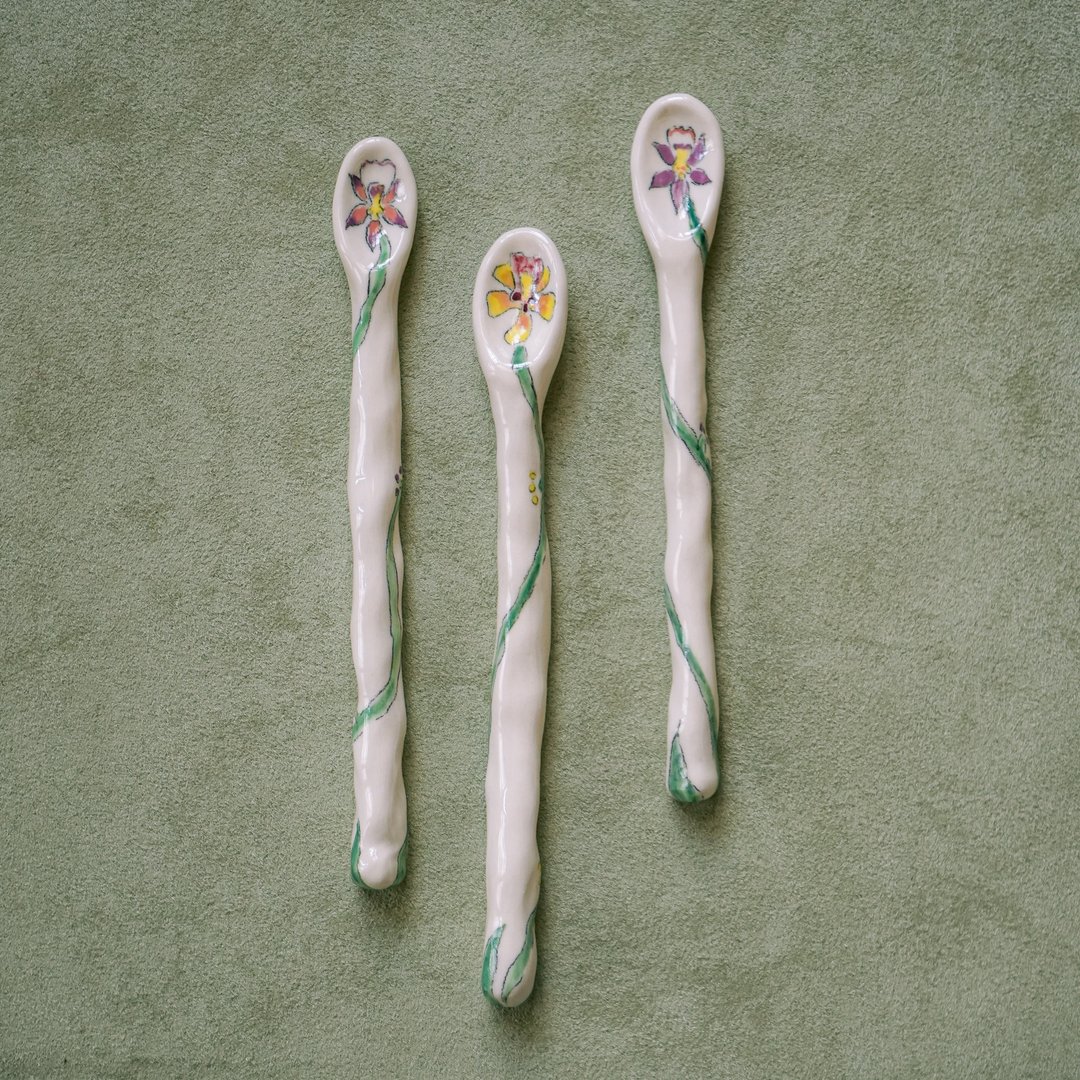 陶瓷 兰花茶匙 Ceramic Orchid Teaspoon - 餐刀/叉/匙组合 - 陶 白色