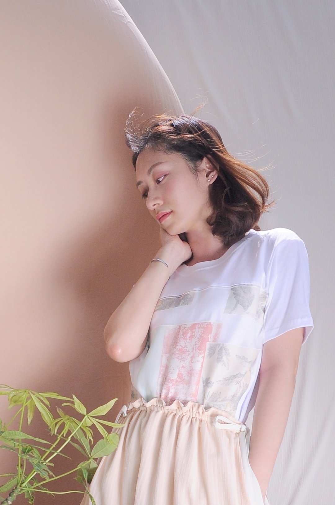 Trista Tee彩粉色印花纱织上衣 - 女装 T 恤 - 棉 粉红色
