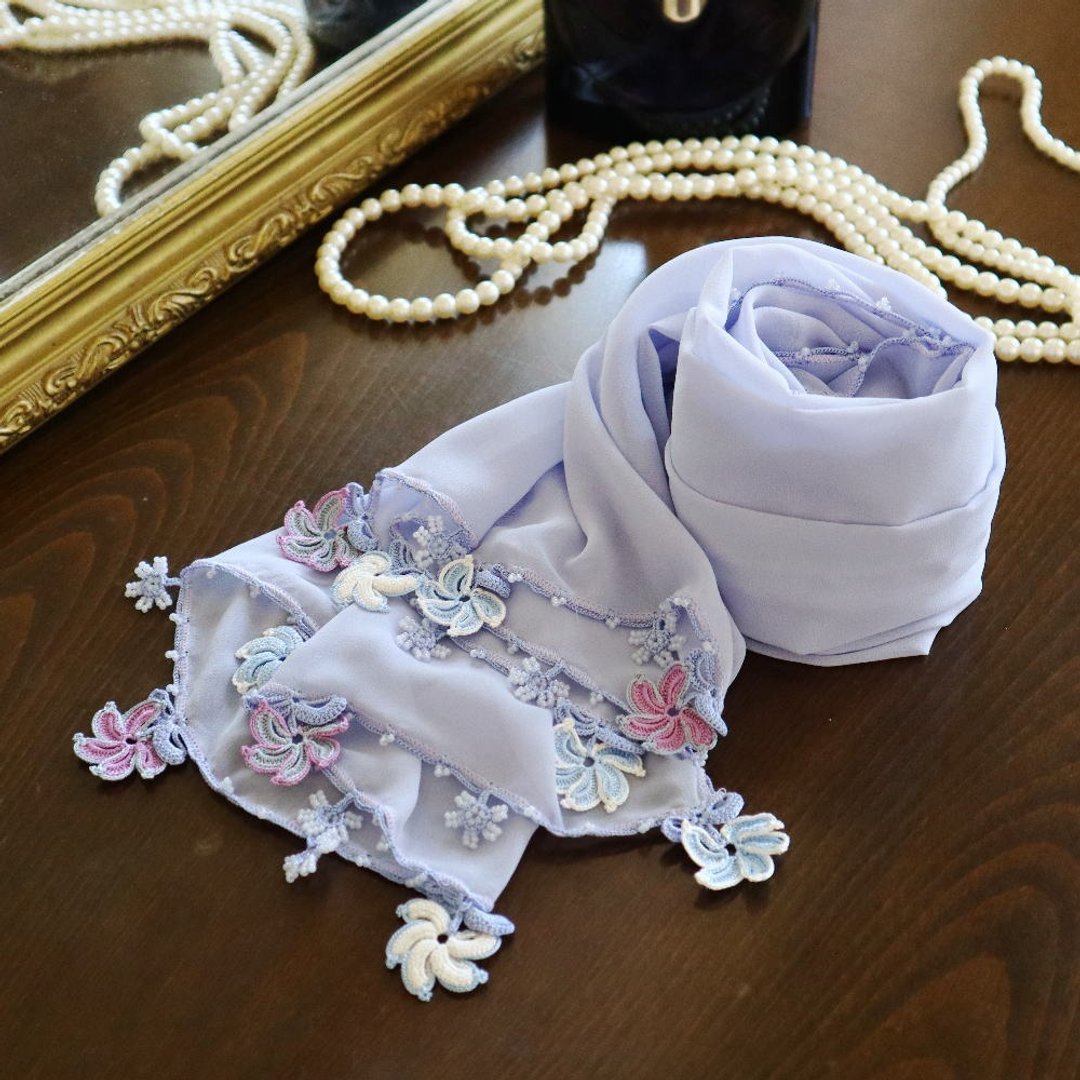 附蕾丝花朵 雪纺围巾【风车】浅鸢尾紫 - 丝巾 - 其他材质 紫色