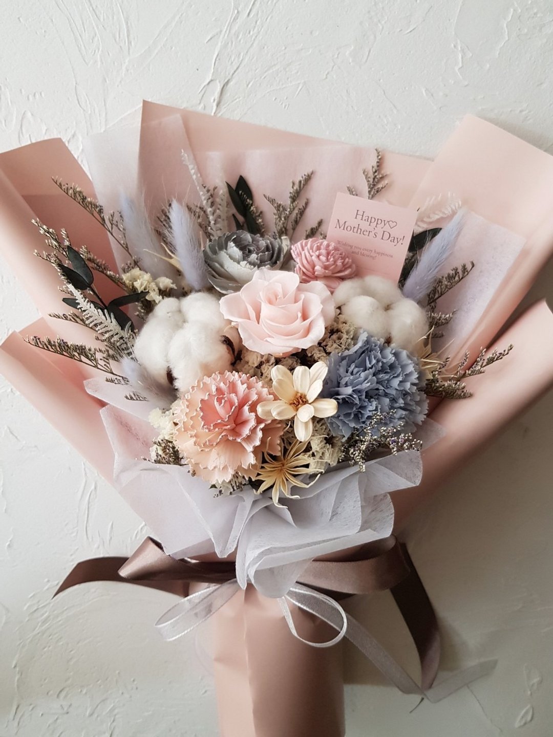 for wan ju|母亲节云雾粉花束+单朵康乃馨 - 干燥花/捧花 - 植物．花 