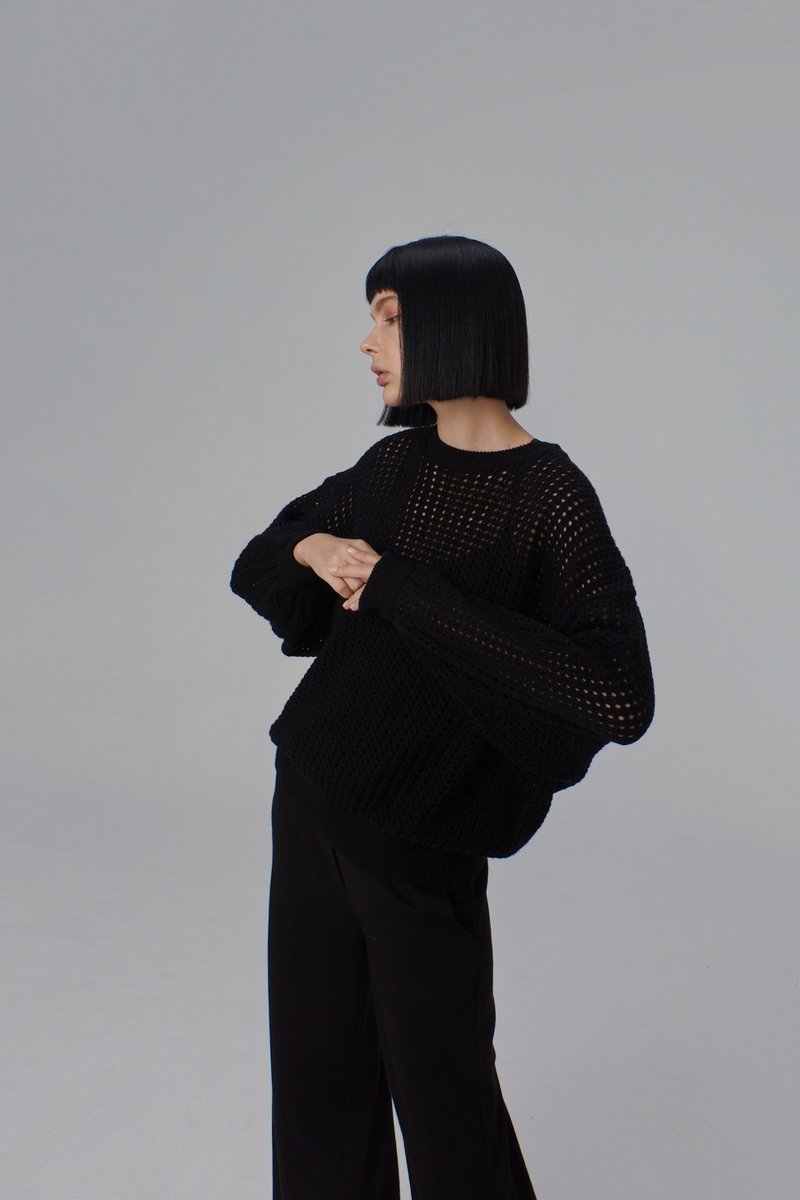 黑搂洞织纹宽毛衣 - 女装上衣 - 羊毛 黑色