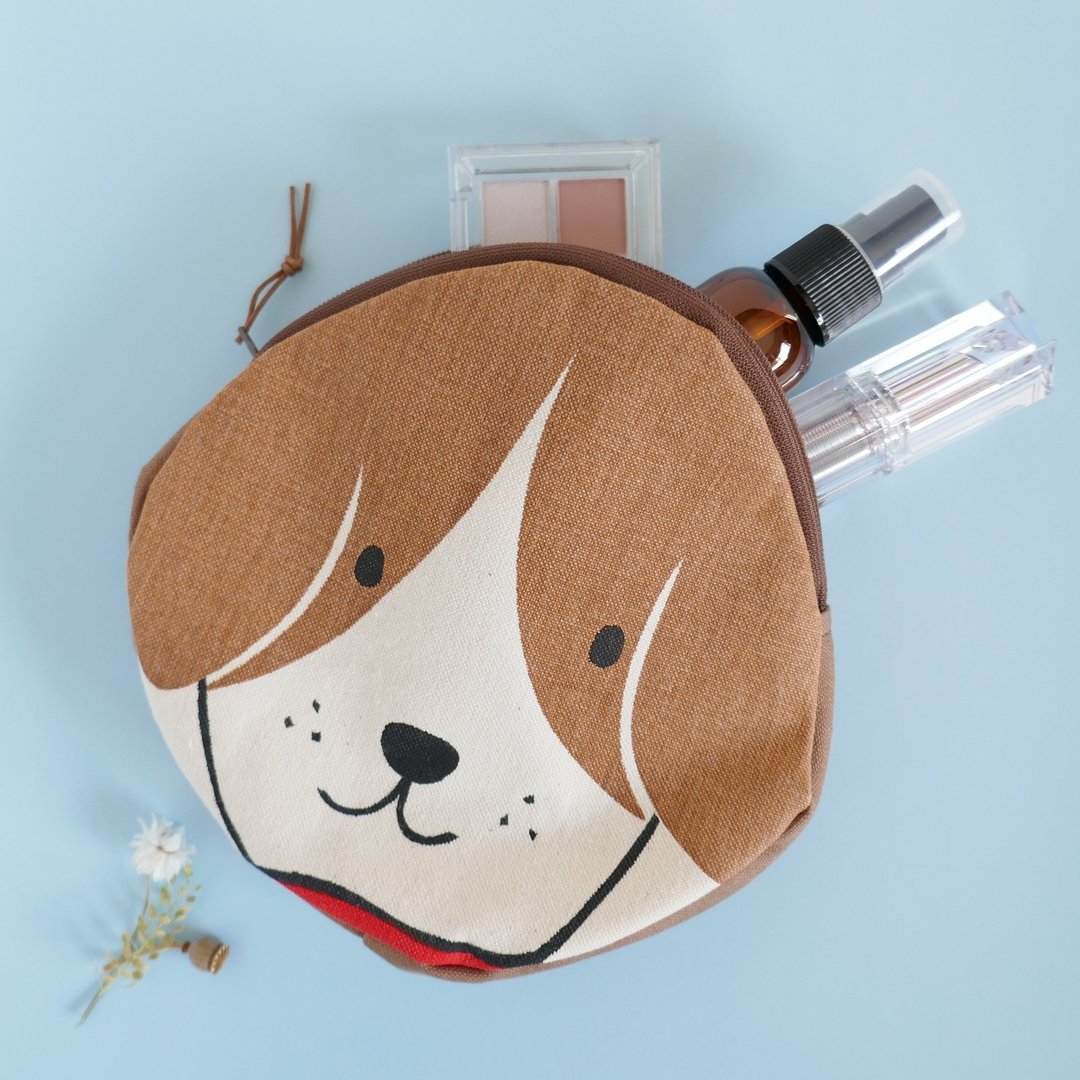斗牛犬图案收纳包 丝网手工印刷 - 化妆包/杂物包 - 棉 咖啡色