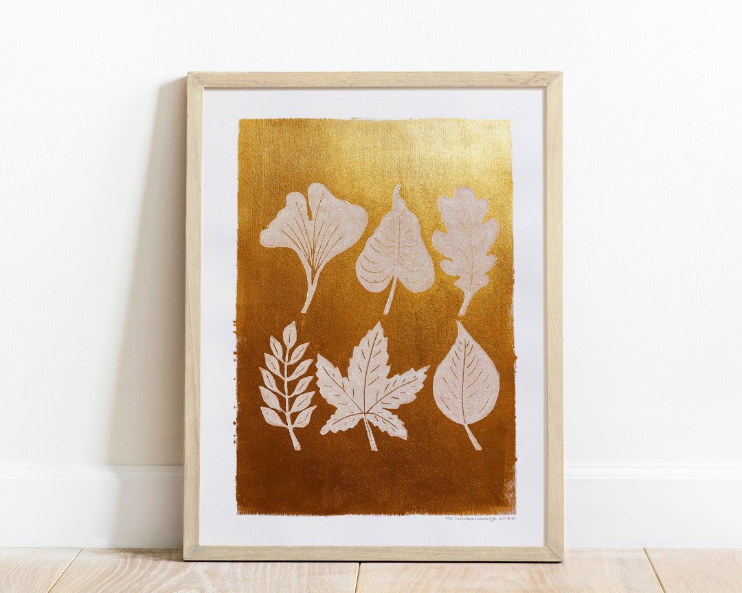 Linocut 印花金色和白色秋叶原创艺术品秋季墙艺术 12x16 - 海报/装饰画/版画 - 纸 金色