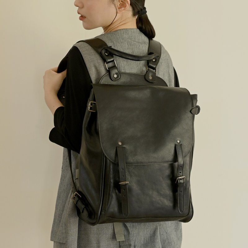 旅行散心-中性风全皮后背包-黑色 - 后背包/双肩包 - 真皮 黑色