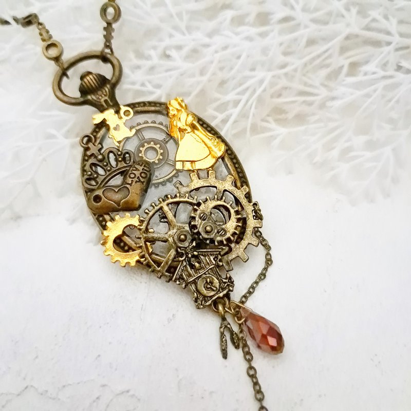 爱丽丝梦游仙境 x 复古长项链 / 兔子 x 水晶 x 怀表 x 蒸气庞克 - 长链 - 硅胶 咖啡色