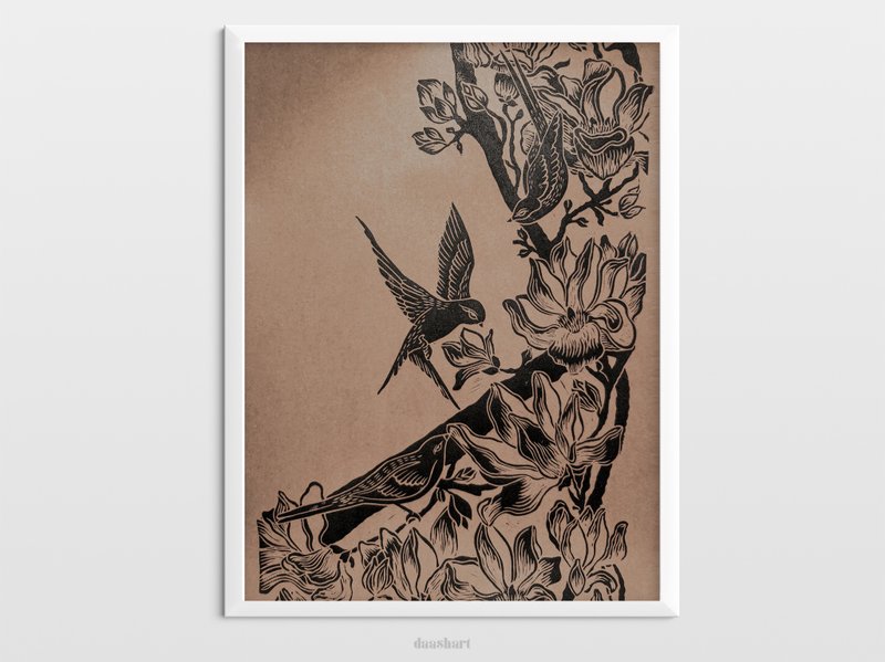 Linocut print Craft black botanical illustration Magnolia flowers and birds wall - 海报/装饰画/版画 - 纸 黑色