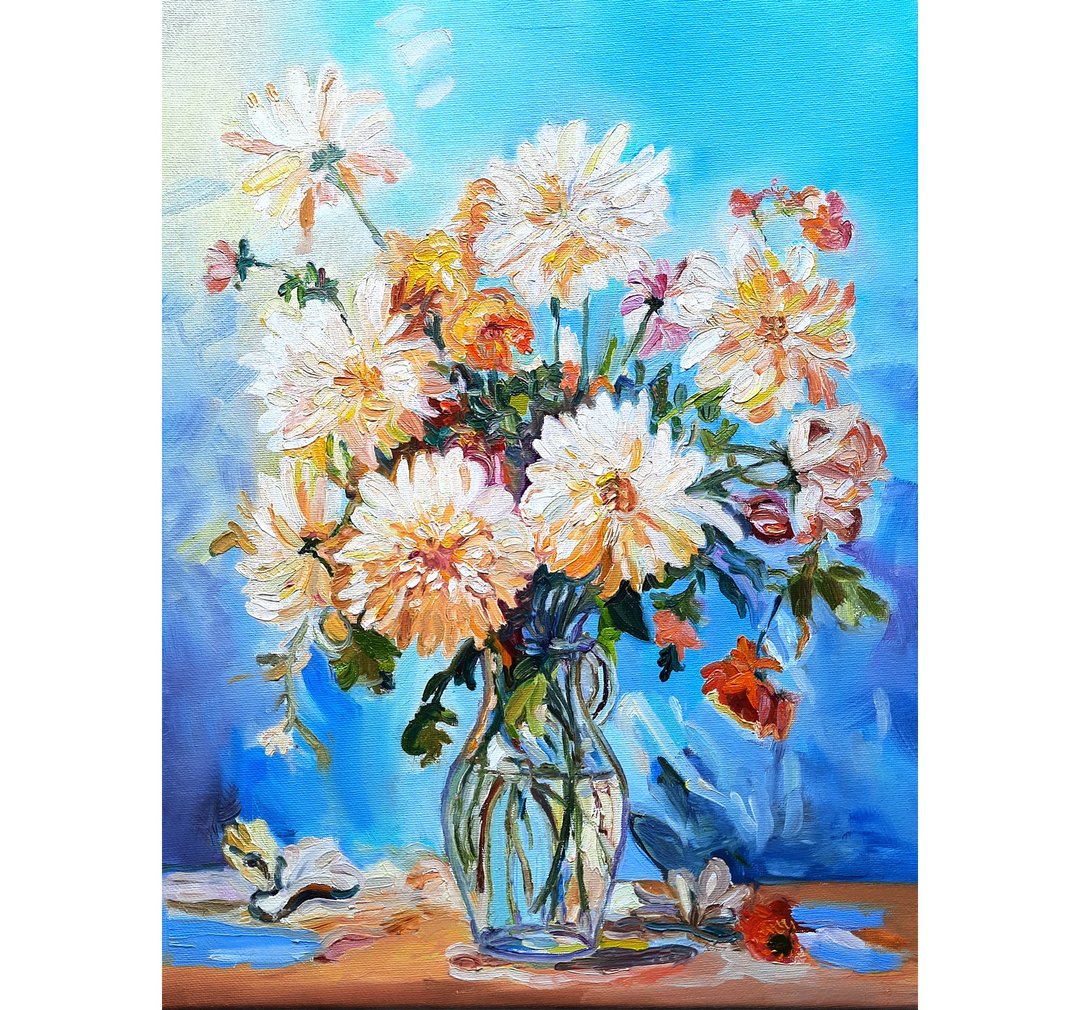 妈妈艺术花卉画原创艺术油画布面油画 40*30sm - 墙贴/壁贴 - 其他材质 蓝色