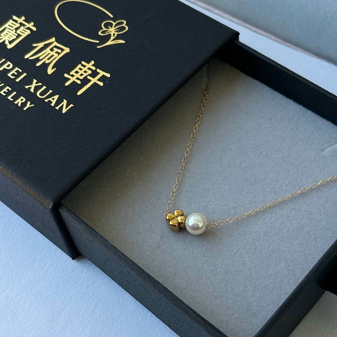Akoya 海水珍珠 7mm × 幸运草 14KGF项链 - 项链 - 珍珠 白色