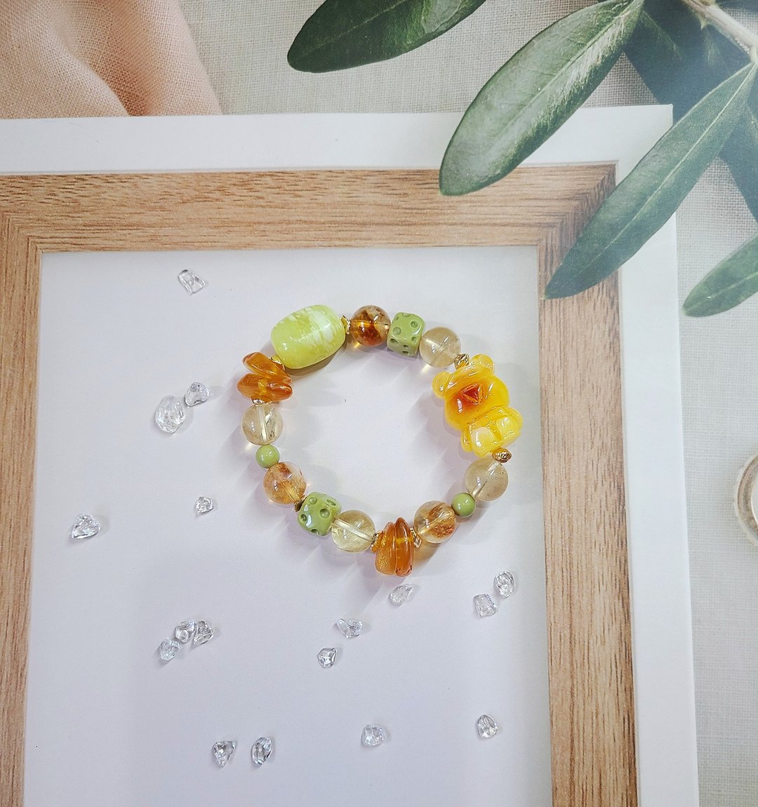 黄水晶 阿拉善玛瑙 菜花玉 || 招财 舒压 辟邪挡煞 健康养生 手链 - 手链/手环 - 水晶 黄色