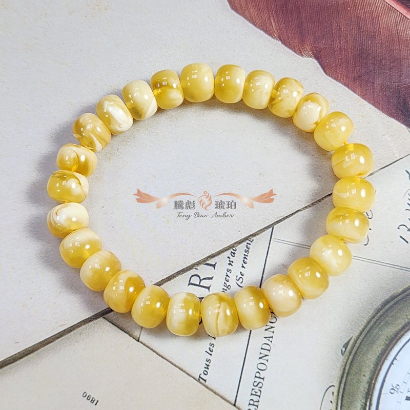 腾彪琥珀 天然琥珀蜜蜡 金绞白花蜜蜡 聚宝盆纹 精品单圈 手链 - 手链/手环 - 半宝石 黄色