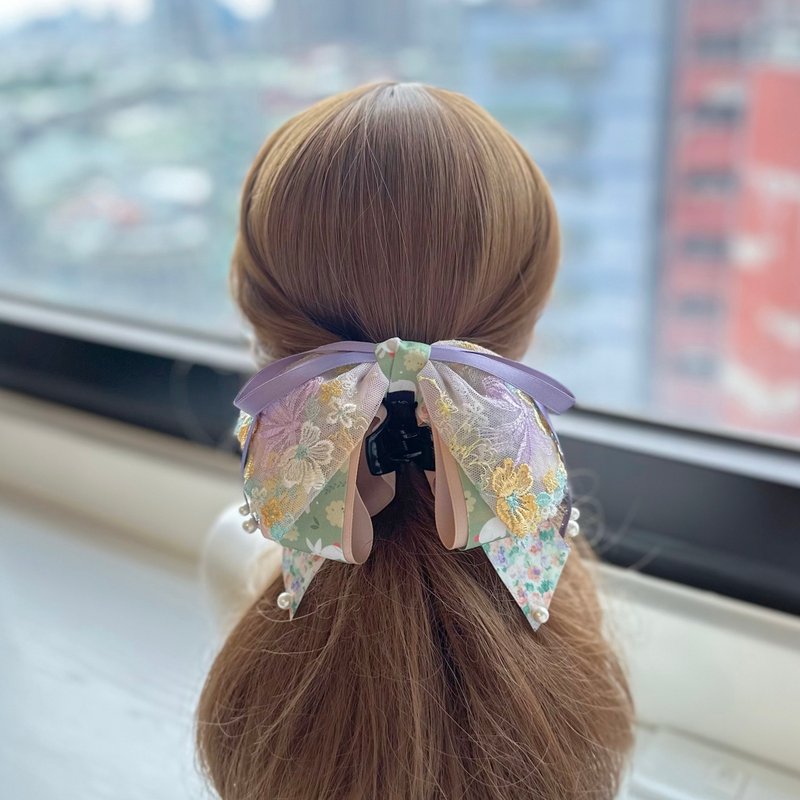 独家蕾丝蝴蝶结鲨鱼夹相交夹马尾夹发夹发饰-彩色花园 - 发饰 - 其他材质 多色