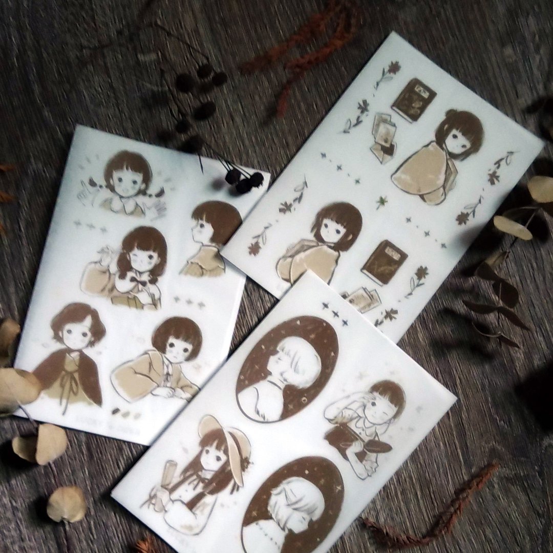 转印贴纸 // 复古女孩 ( 3入 ) - 贴纸 - 塑料 咖啡色