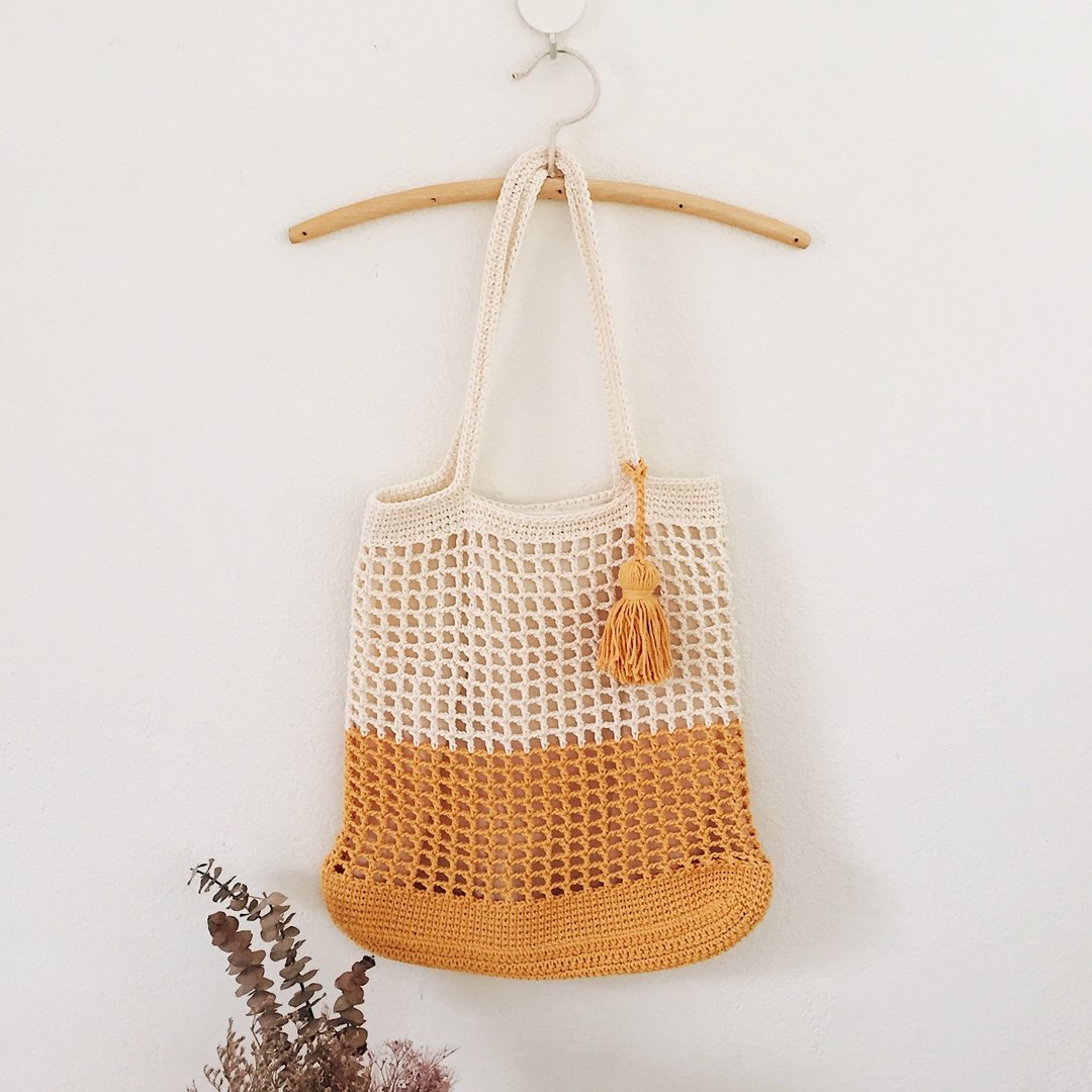 Yellow and White Summer Mesh | Crochet Everyday Bag | Tote Bag - 侧背包/斜挎包 - 棉 黄色