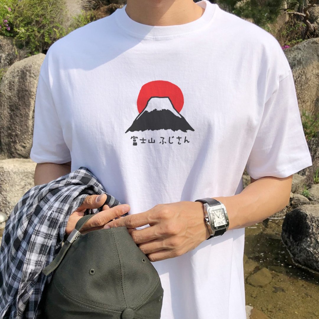 富士山 #1 短袖T恤 白色 日本文青日文东京TOKYO雪礼物插画设计 - 男装上衣/T 恤 - 棉 白色