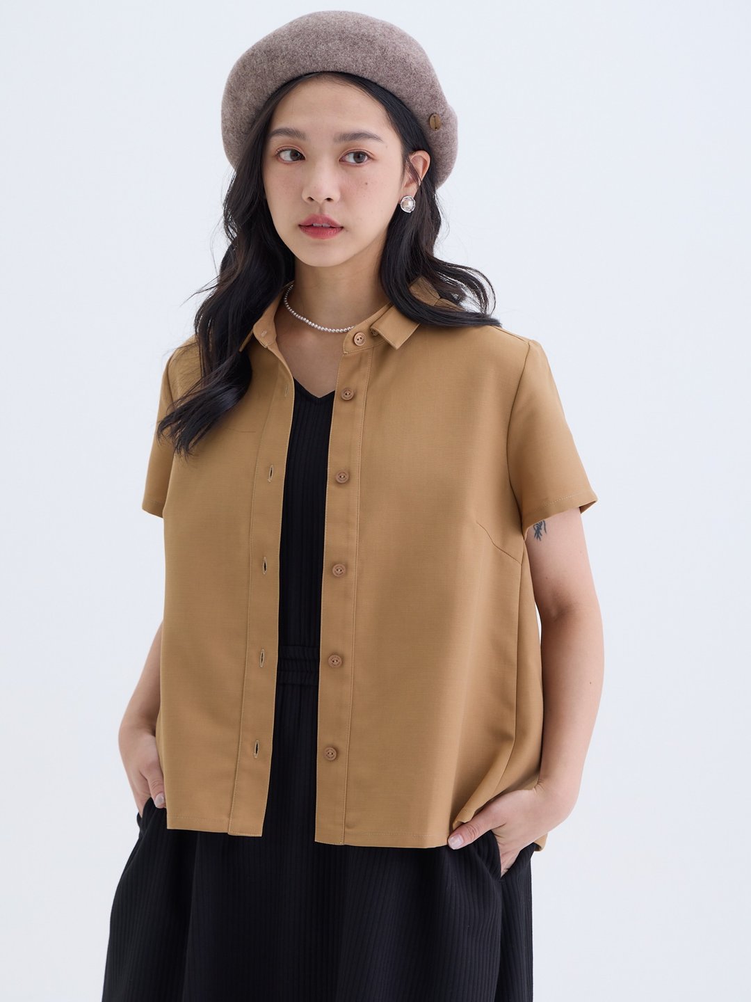 简雅开襟短袖衬衫-土桑 - 女装衬衫 - 棉 卡其色