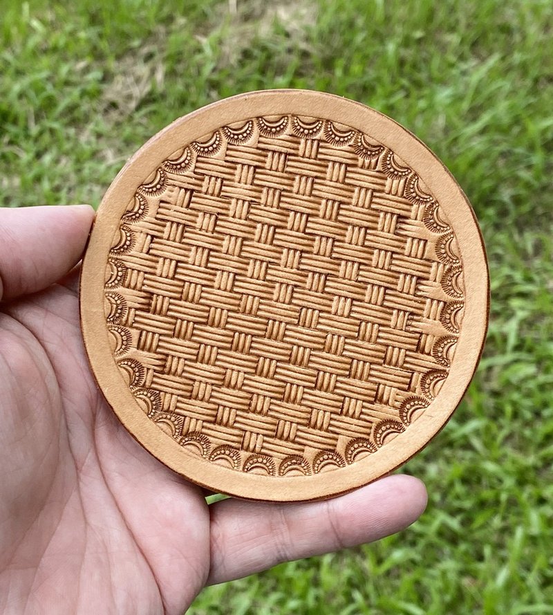 【手工制 】 竹藤编织纹皮革杯垫(10 CM) - 其他 - 真皮 橘色