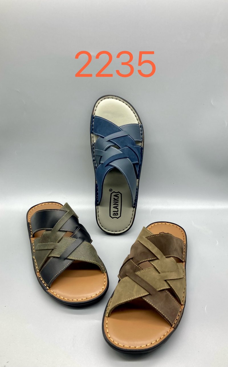 2235 双色编织真皮男拖鞋 手工缝线 橡胶防滑底 - 男女凉鞋 - 真皮 多色
