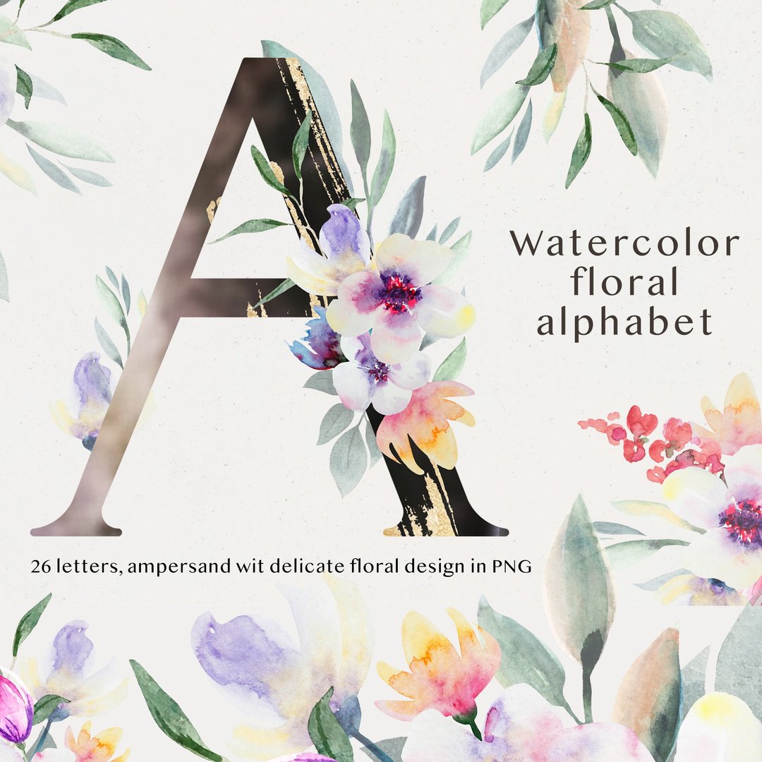 Watercolor flower alphabet with gold, invitation design, digital electronic file - 字体设计 - 其他材质 