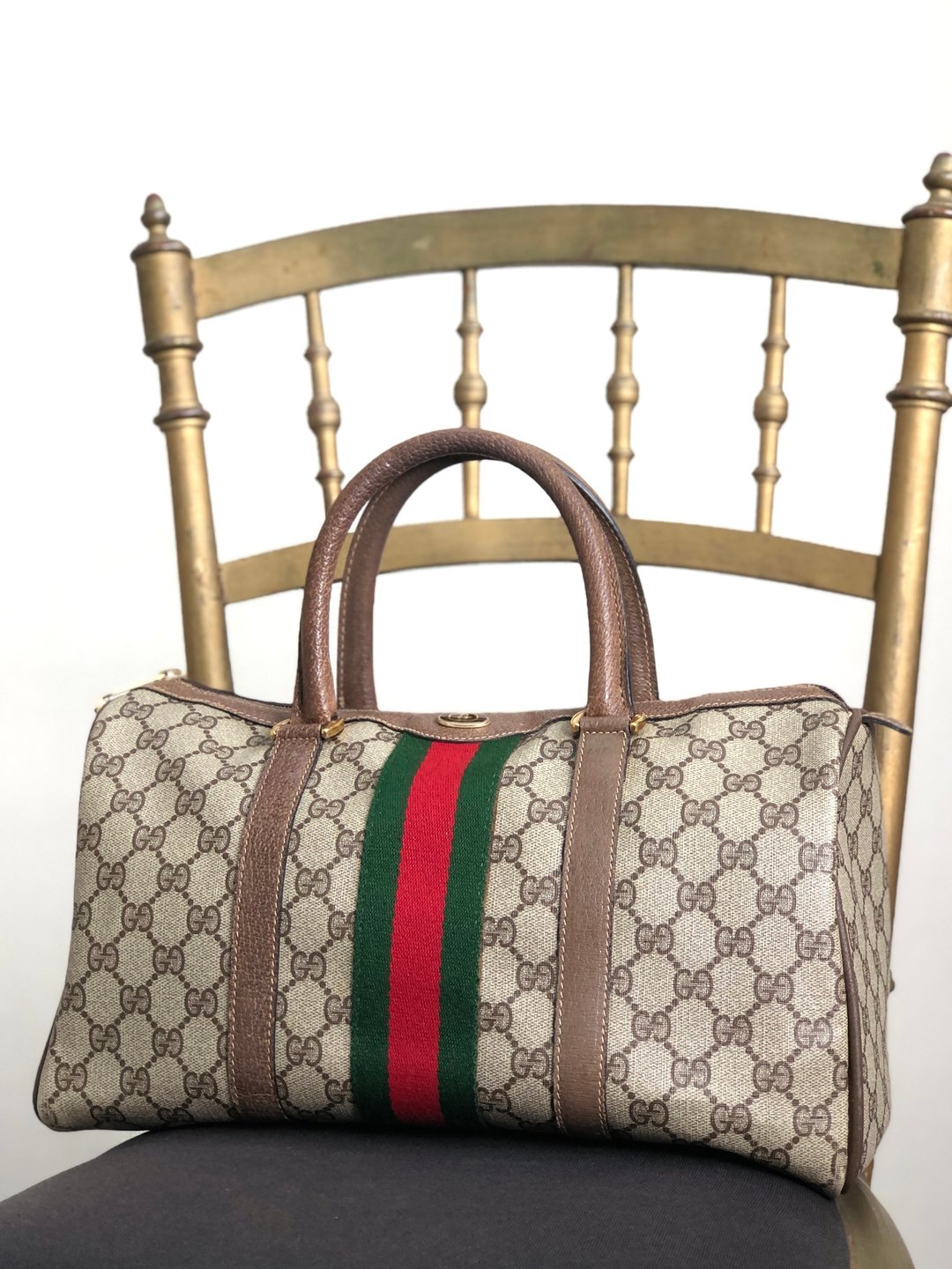 【日本直运，名牌二手包装】GUCCI 古驰 Sherry Line GG 波士顿包棕PVC 复古 老 7mmabp - 手提包/手提袋 - 防水材质 咖啡色
