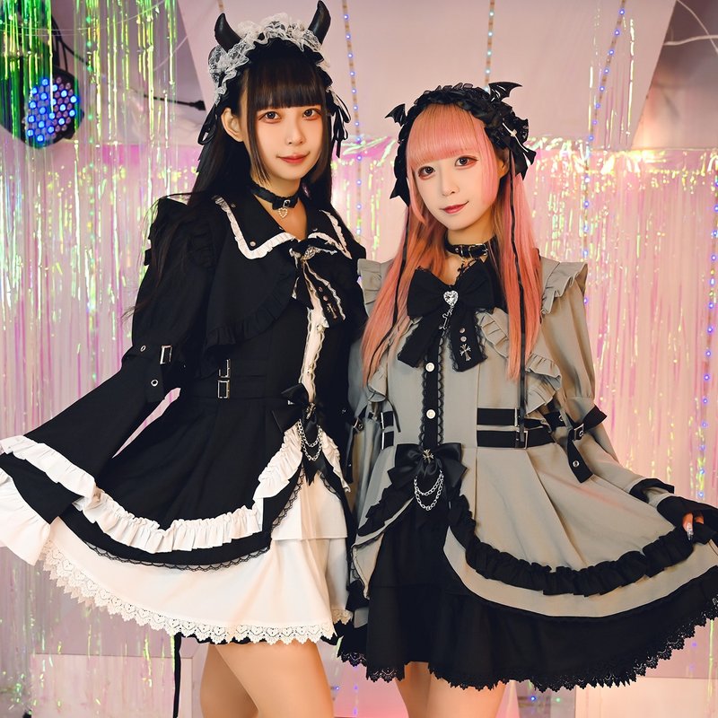 原创地雷系哥德萝莉塔吸血鬼学院领结姬袖蛋糕洋装短裤套装JJ2556 - 洋装/连衣裙 - 棉．麻 