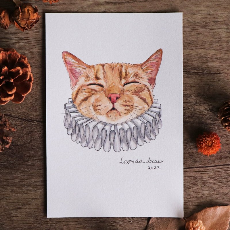 水彩插画原画稿 猫咪头像 4X6 6寸 1006 橘猫与拉夫领 - 海报/装饰画/版画 - 纸 