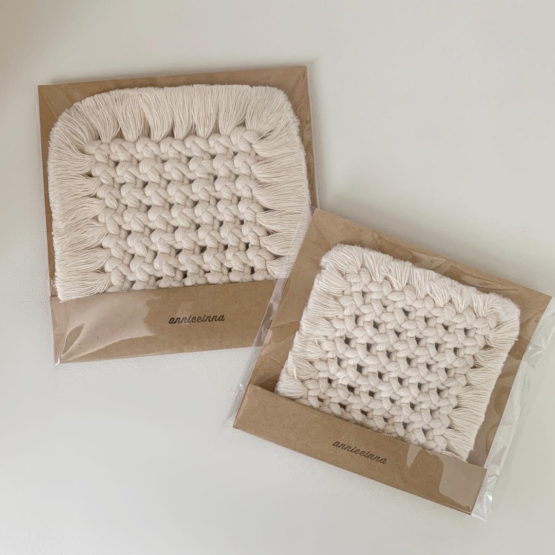 Macrame 波希米亚 编织 方形 流苏 杯垫 - 杯垫 - 棉．麻 白色