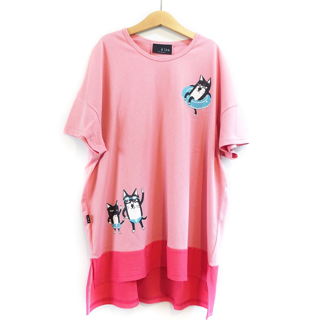 Urb.【游泳猫】前短后长拼接衣 - 女装上衣 - 棉 粉红色