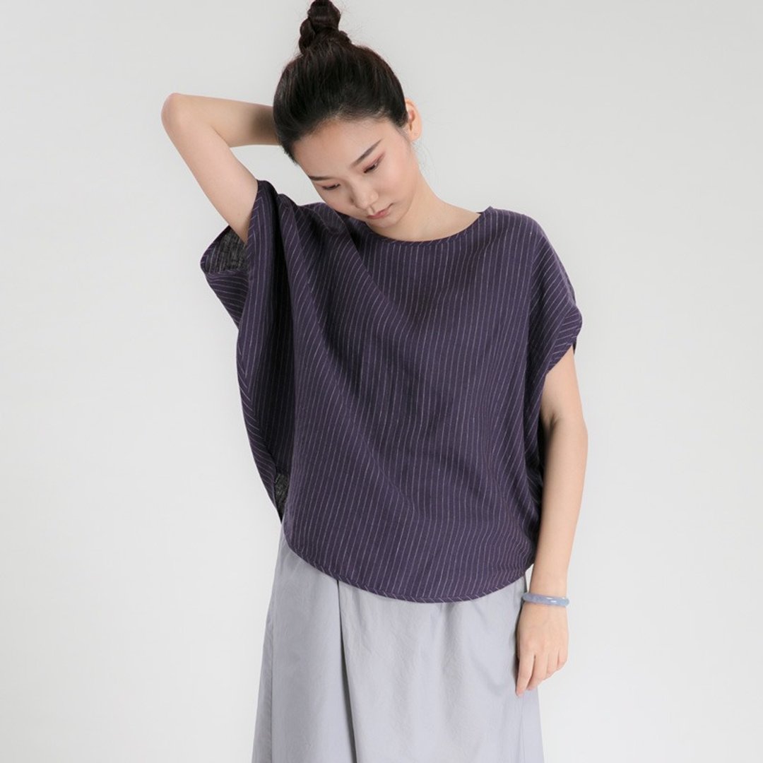 不服 亞麻條紋 圓形寬大TEE 設計感蝙蝠衫 CS170215 - 女装上衣 - 棉 紫色