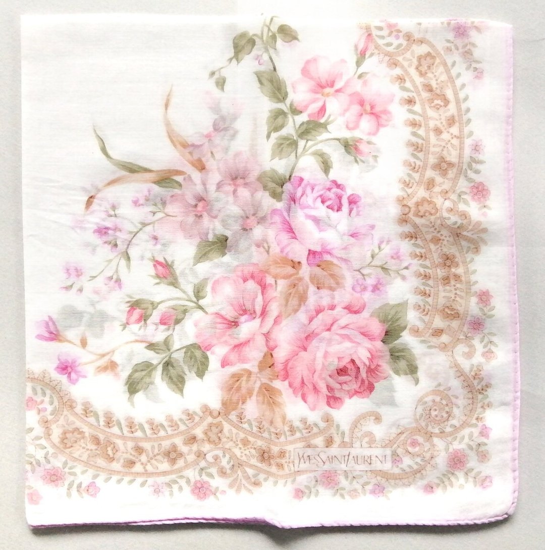 Yves Saint Laurent Vintage Handkerchief Floral Roses 19 x 18.5 inches - 手帕/方巾 - 棉．麻 粉红色