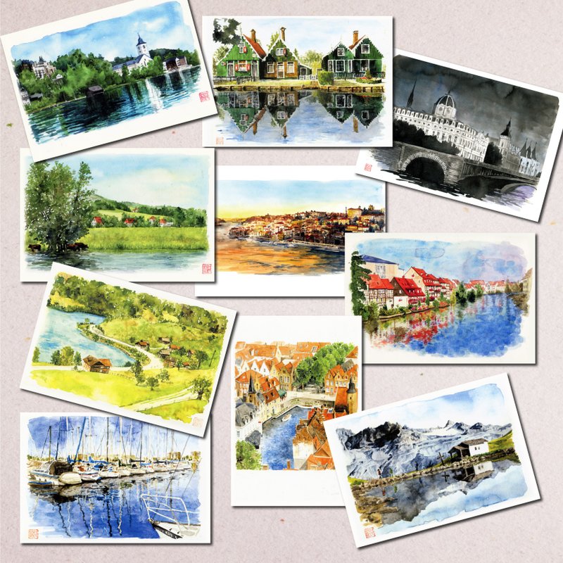 Set of 10 watercolor postcards / waterfront scenery - 卡片/明信片 - 纸 