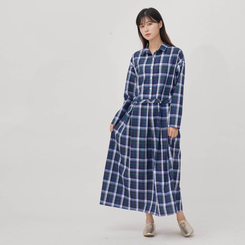 Erin半开襟腰细褶长袖长洋装/蓝格纹 - 洋装/连衣裙 - 棉．麻 蓝色