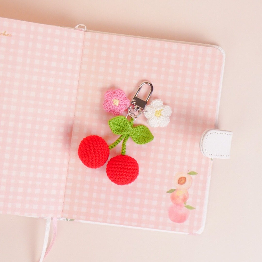cherry keychain charm zipper  key ring key chain bag charm handmade gift - 吊饰 - 棉 红色